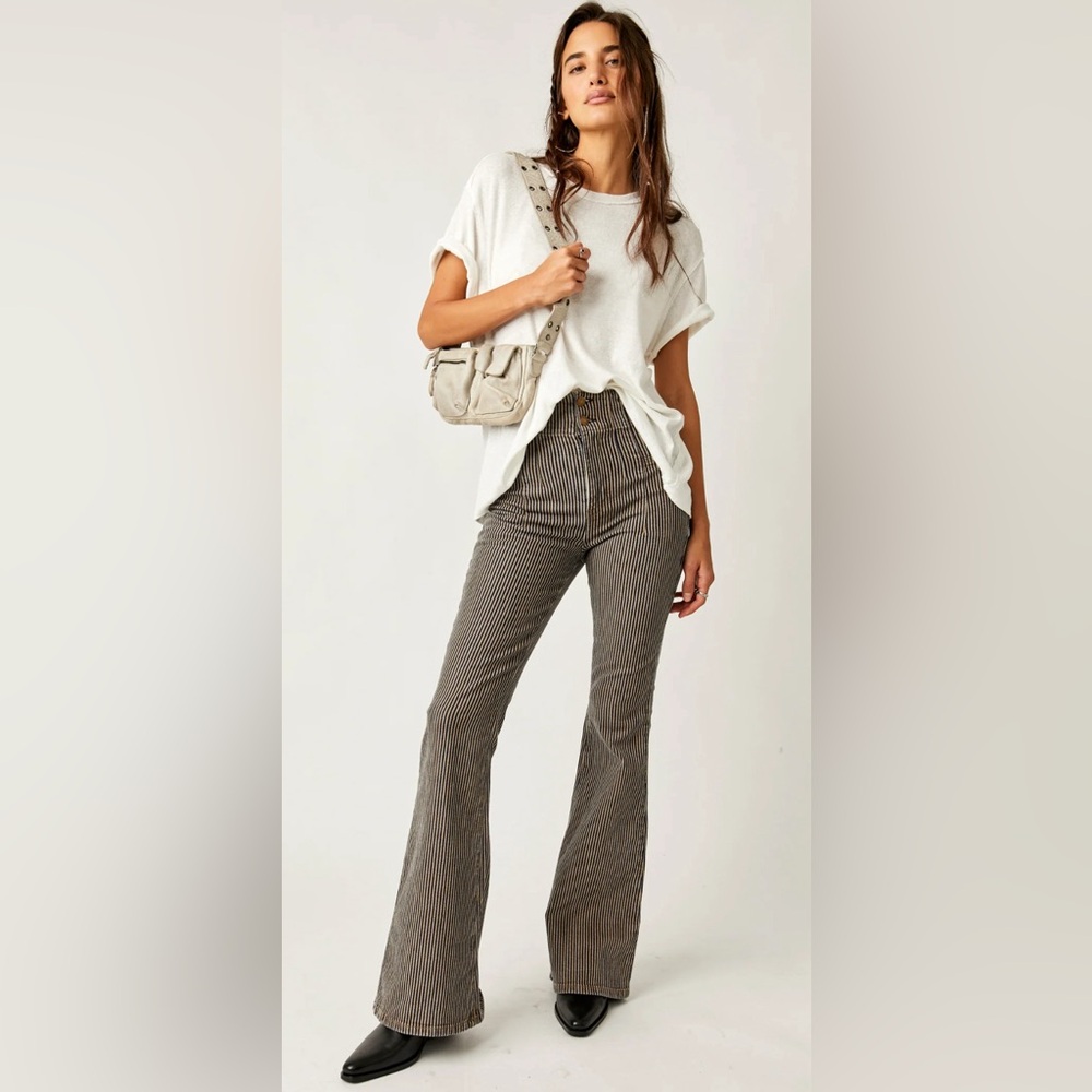 Free People Jayde Railroad Flare Jean in Train Car Stripe NWT